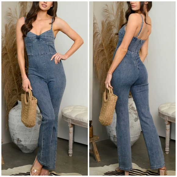 LAST ONE❗EMORY PARK Gorgeous Medium Denim Spaghetti Straps Straight Leg Jumpsuit - Picture 1 of 5